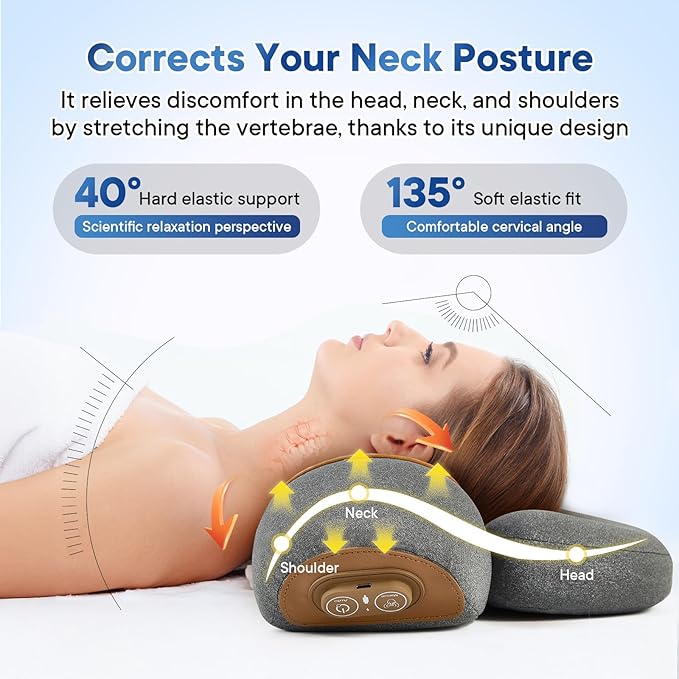 3-in-1 Rechargeable Neck Massager Pillow with Heat Vibration &amp Traction Deep Tissue Pain Relief Neck Hump Corrector &amp Cervical Support for Home Office Travel (Dark Gray)