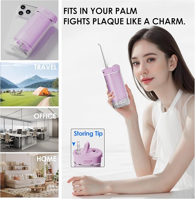 Portable Water Flosser Cordless for Travel-Rechargeable Power Dental Flossers for Braces＆Stonsil Stones-Mini Tooth Cleaner with UVC SterilizationIPX7 Waterproof (D0040-Pink)