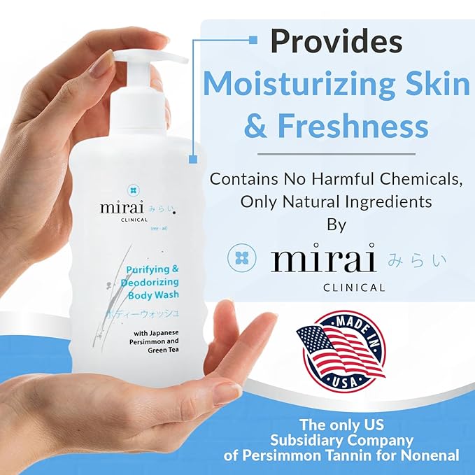 Mirai Clinical Body Odor Eliminator Bundle: Renewing Body Wash &amp Persimmon Soap Bar Set - Natural Deodorizing with Persimmon &amp Green Tea Extracts - Nonenal Elimination for Women &amp Men - 9.