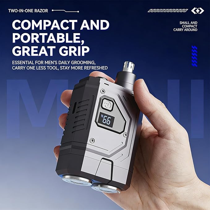 Advanced Men Grooming Tool 2 in 1 Shaver and Nose Hair Cutter for Smooth Shaving Safe Trimming Digital Power Monitor Electric Shaver Trimmer for Facial and Nose Hair with Dry Wet Use and Digital Power