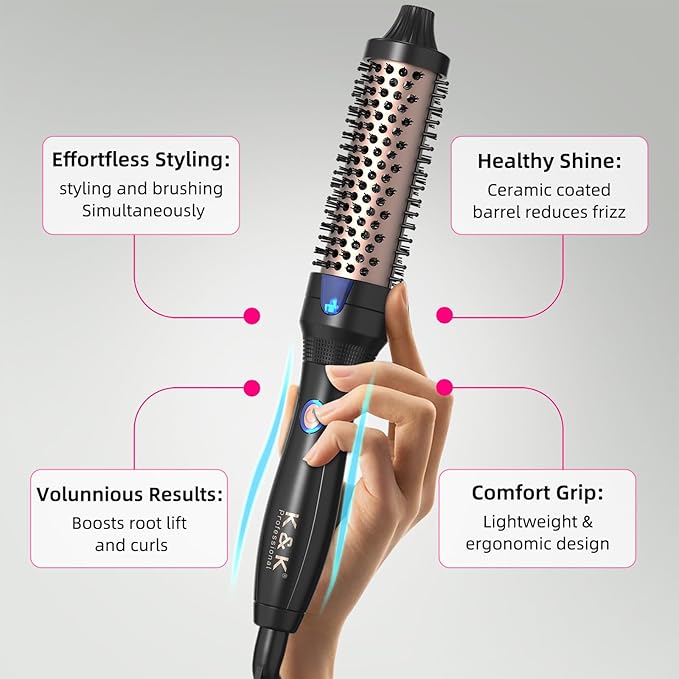 K&ampK Ceramic Tourmaline Ionic 1.25 Inch Heated Curling Brush - Volumizing Hot Brush for Root Volume Loose Curls and Styling
