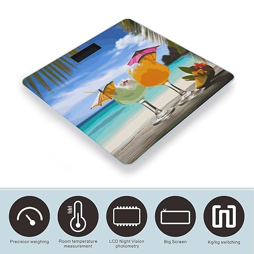 Tropical Beach Drink Weight Scale Digital Electronic Scales Bathroom Scale Larg LCD Backlight Display High Precision MeasurementsTempered Glass