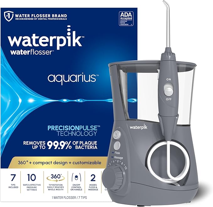 Waterpik Aquarius Water Flosser For Teeth Cleaning Gums Braces Dental Care Electric Power With 10 Settings 7 Tips For Multiple Users And Needs ADA Accepted Gray WP-667 Packaging May Vary