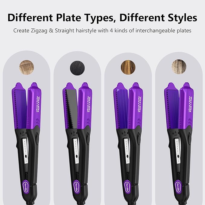 Terviiix Crimper Hair Iron with 4 Interchangeable Plates Keratin &amp Argan Oil Infused Hair Crimper for Women Volumizing Crimping Iron for Thin Fine Hair 5 Heat Settings &amp 60 Mins Auto Off P