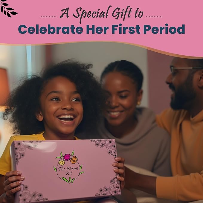 The Bloom First Period Kit for Girls 9-10-12-14 for School Menstrual Starter Kit Gifts for Teens Girls Includes Sanitary Napkin Storage Bag Pads Wipes Ebook Period Tracker Blue (30-PC)