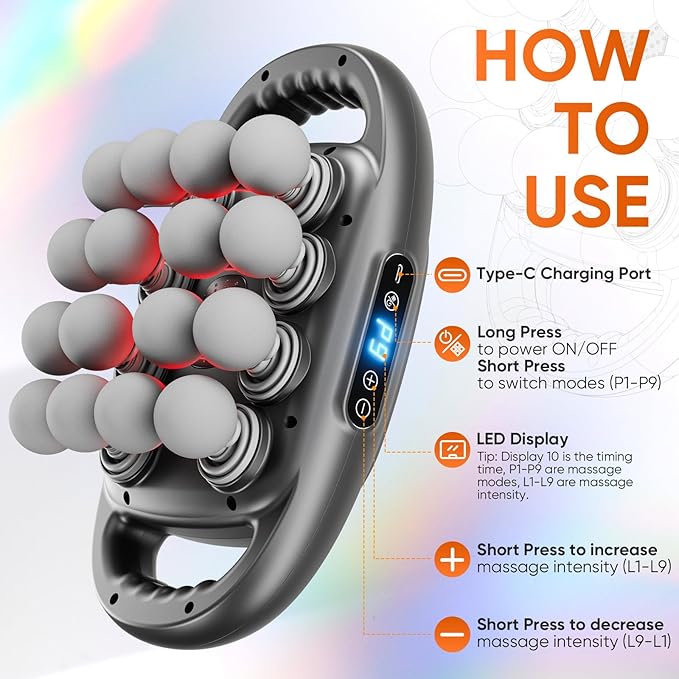 16 Head Massage Gun Deep Tissue Quiet Back Massager for Pain Relief Deep Tissue with 9 Modes and 9 Intensities for Back Shoulders Arm Legs Foot Body