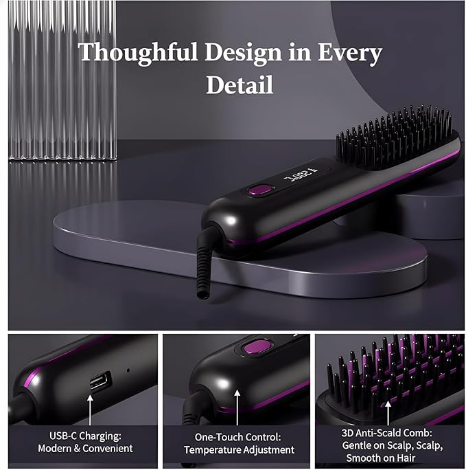 Cordless Hair Straightener Brush with LCD Display Ceramic Rechargeable Hair Straightener for Travel Fast Heating Portable Hair Straightener for Daily Use (Black)
