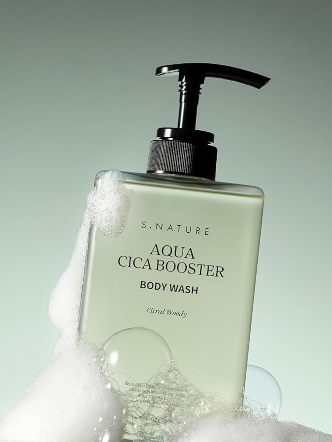 S.NATURE CICA DEEP CLEANSING BODY WASH 16.9 Fl Oz｜Cooling &amp Soothing Care Gentle Exfoliation with AHA BHA PHA LHA Odor Control for Sensitive &amp Acne-Prone Skin｜500ml