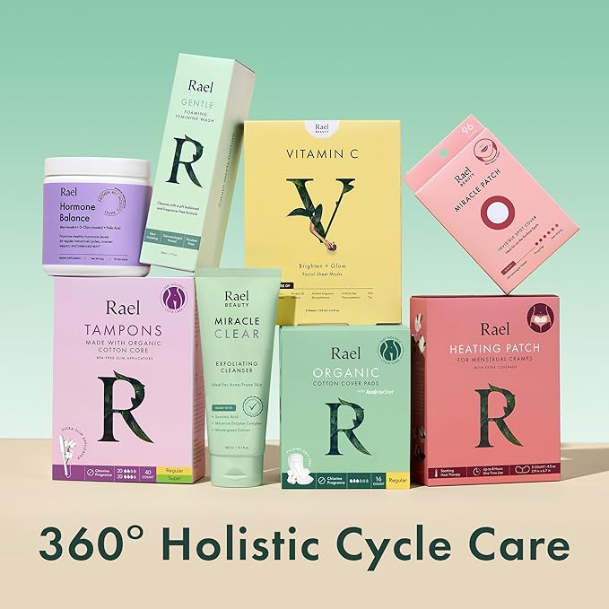 Rael Period Value Pack - Organic Cotton Cover Pads (Regular 16ct &amp Overnight 12ct) Panty Liners (20ct) pH Balanced Feminine Wipes (10ct) &amp BPA-Free Slim Applicator Tampons (Regular &amp Sup