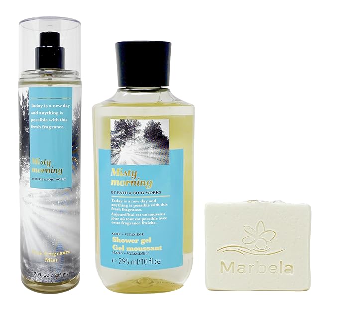 Bath &amp Body Works Misty Morning - Duo Gift Set - Fine Fragrance Mist and Shower Gel With a Natural Oats Sample Soap.