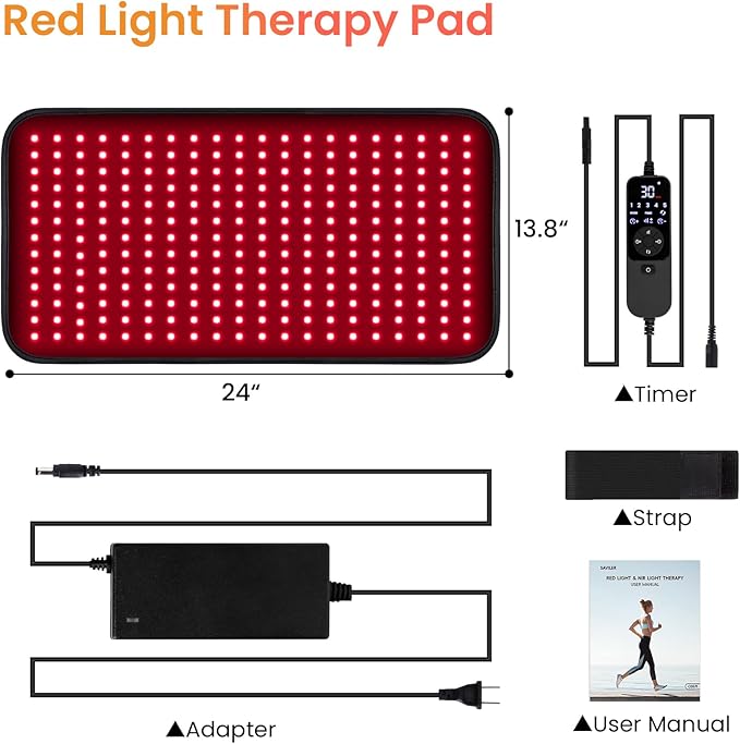 SAVILER® 24’’ x 13.8’’ Large Red Light Therapy Pad for Body 260 LEDs Light Therapy Mat with Timer 32W Near Infrared Light Therapy Wrap for Back Shoulder Joint Muscle Pain Relief