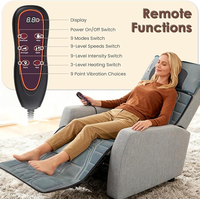 KOCASO Flannel Full Body Massage Mat Multifunctional Massage Chair Pad with Heat Timer Shiatsu Neck Massager Carry Bag Earplugs Anti-Slip Bottom for Reclining Chair