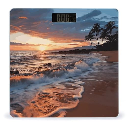 Beach Maui Hawaii Sunset Sea Waves Clouds Scale for Body Weight Safe Rounded Corners Tempered Glass Digital Bathroom Scale LED Display 400lb Capacity Weight Scales with High Precision Sensors