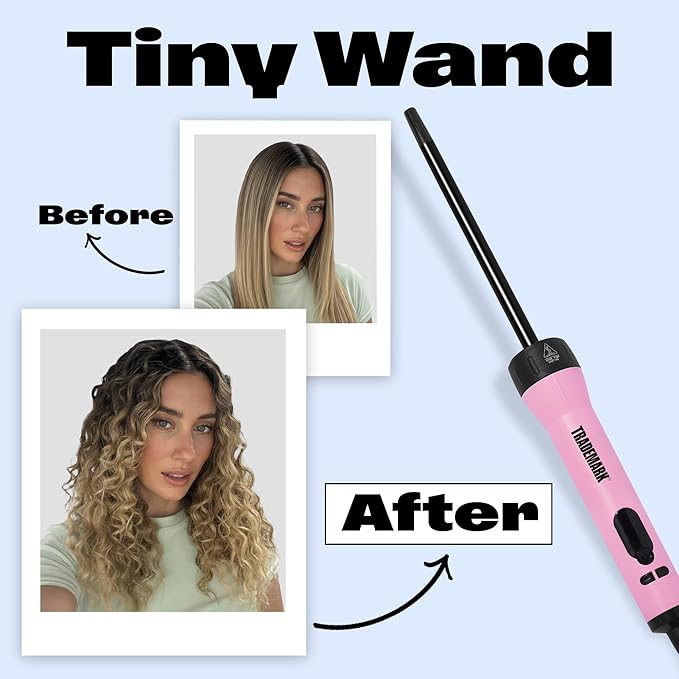 Trademark Beauty Mood Tiny Curling Wand + Handle – Professional Ceramic Small Barrel Hair Curler for Tight Defined Curls – Fast Heating Precise Styling Dual Voltage Heat Glove Included Pink