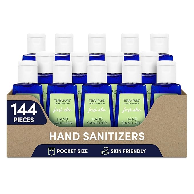 Terra Pure Hand Sanitizer Gel 1 oz 144 Pack Alcohol Free Silver Citrate Formula with Aloe Vera and Vitamin E Non Drying Bulk Travel Size for Hotels Gyms Schools Offices Events