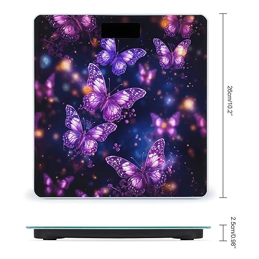 Purple Cute Butterfly Print Scale for Body Weight High Precision Digital Weight Scales with LCD Display Anti-Slip Sturdy Slim Tempered Glass Bathroom Scale for Home Use
