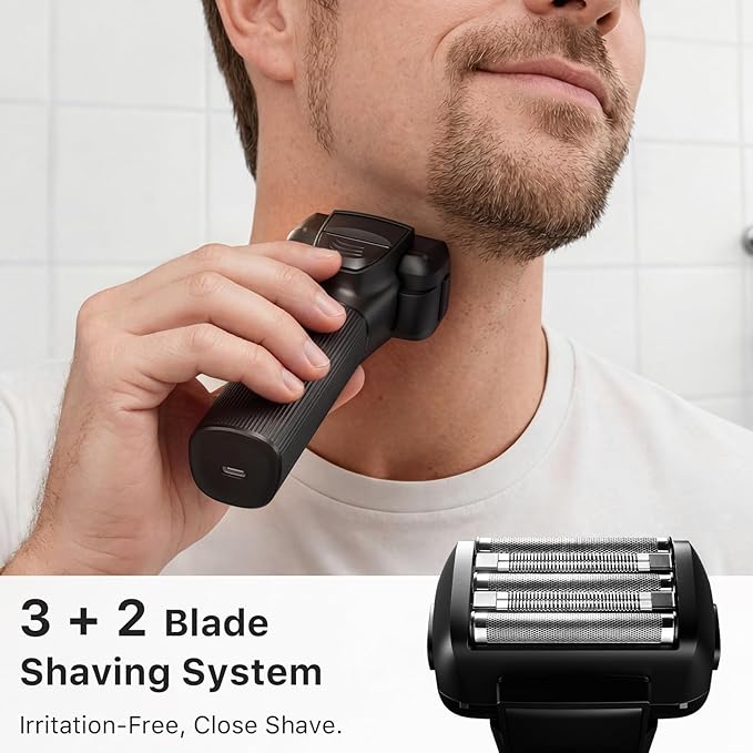 Electric Shaver for Men - Trimcoo 5-Blade Foil Razor Kit | Gentle on Sensitive Skin | Self-Cleaning Center USB-C Charging 180min Runtime IPX7 Wet/Dry Use with Pop-Up Trimmer Ideal Grooming Gift
