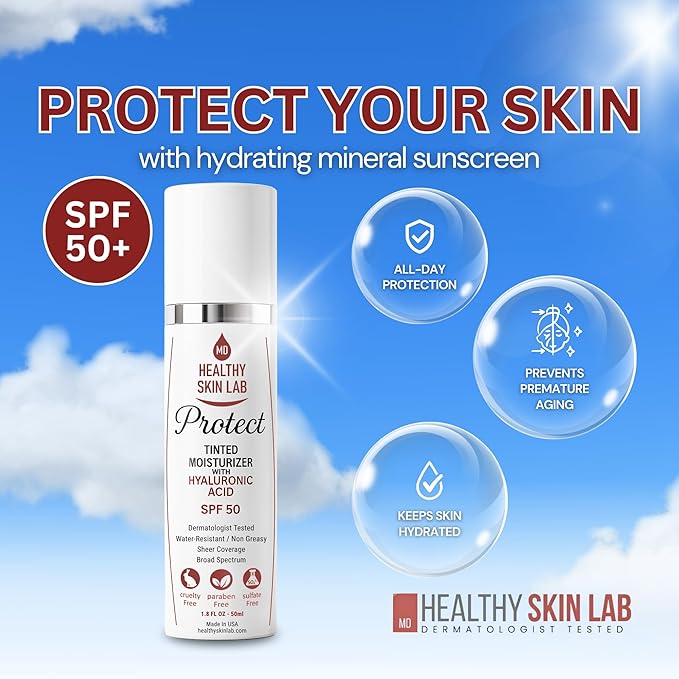 Healthy Skin Lab Protect Tinted Moisturizer SPF 50 Sheer Universal Tint Lightweight Hydrating Mineral Sunscreen for Face Hyaluronic Acid Broad Spectrum Daily SPF Dermatologist Tested 1.8 oz