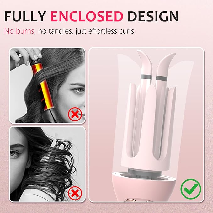 Ufree Automatic Rotating Curling Iron 1 Inch Ceramic Curling Wand 1-Click Hair Curler with 3 Heat &amp Timers Anti-Scald Design 1M Ionic Care Dual Voltage for Travel Beach Waves Rose Gold