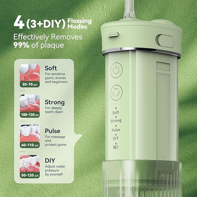 JTF Portable Water Flosser for Travel: Compact Mini Design 3 Modes &amp 8 DIY Pressure Levels for Sensitive Teeth &amp Braces - with 5 Nozzles &amp Removable 230ml Tank Cordless Oral Irrigator fo