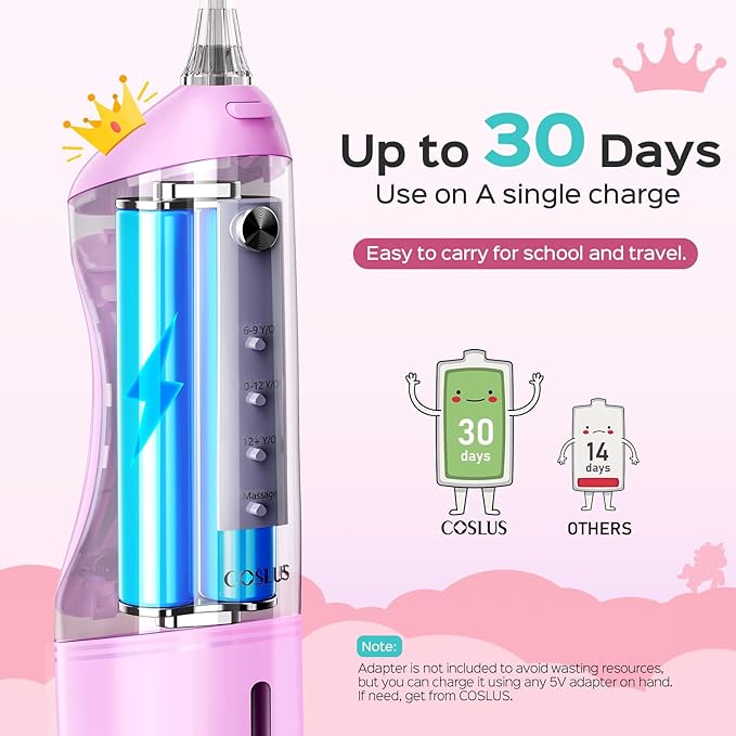 COSLUS Kids Water Dental Flosser &amp Cordless Mini Water Teeth Flossers Deep Cleaning Picks 4 Modes for Ages 6+ Safe Waterproof Flosser