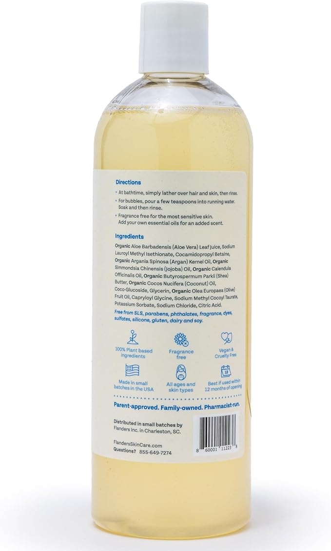 Flanders 3in1 Baby Bubble Bath Shampoo &amp Body Wash 15oz Bottles with Pump | Tear-Free Hypoallergenic Cleanser with Jojoba Coconut &amp Argan Oil Fragrance Free for Sensitive Skin 2 Pack (30o