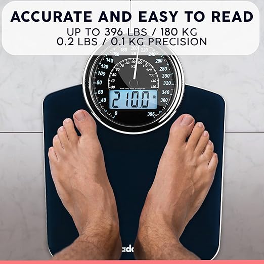 Adamson Hybrid 2-in-1 Analog &amp Digital Weighing Scale for Body Weight up to 400lbs - Thick Tempered Glass - Extra Large Display - Easy to Read Digital Bathroom Scale - Blue with Black Backlight