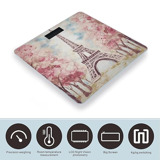 Beautiful Eiffel Tower Paris Scale for Body Weight Anti-Slip Tempered Glass Digital Bathroom Scales Clear LCD Display Weighing Scale Safe Rounded Corners Smart Scales