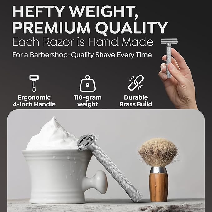 Parker THE VARIANT CLOSED COMB - ADJUSTABLE Double Edge Safety Razor Customize your Shave with a Turn of the Dial from Mild to Aggressive - 5 Blades Included (SATIN CHROME)