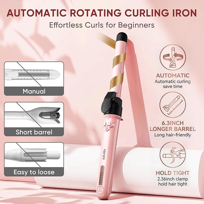 Rotating Curling Iron Set Automatic Curling Wand for Long Hair Easy to Use Hair Curler Get Effortlessly-Chic Beach Waves 3 Sizes Ceramic Barrel 0.75 1 1.25 to 430°F with Home Button Dual Voltage