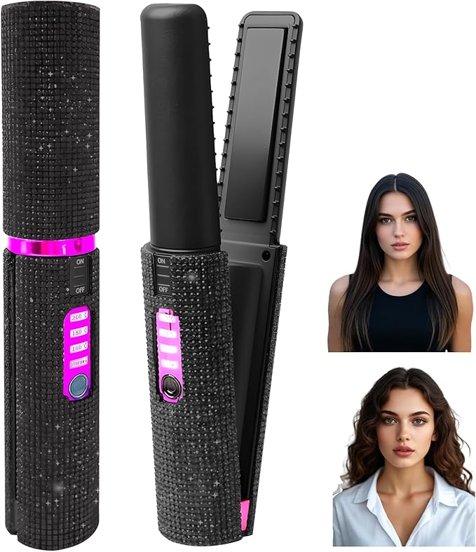 2 in 1 Portable Mini Cordless Hair Straightener and Curler Dual Purpose Curling Wand &amp Flat Iron for Travel USB Rechargeable Fast Heating 3 Temp Setting Hair Styler for Short Hairs Bangs (Bl