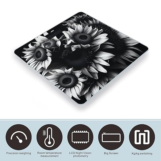 Digital Bathroom Scale for Body Weight Scale with Bright LCD Display High Accuracy Step-On Technology Auto On/Off Black and White Sunflowers Digital Scales 400 Lbs /180kg