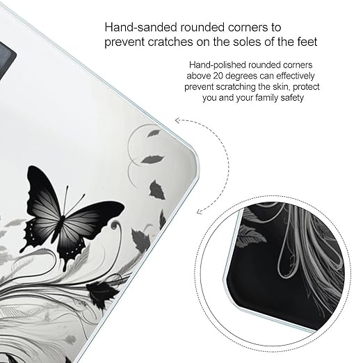 Black Gray Butterflies Bathroom Scale Automatic Power On/Off Body Scales LCD Backlight Display Square Digital Scale Rounded Corners Bathroom Scales for Home Bedrooms