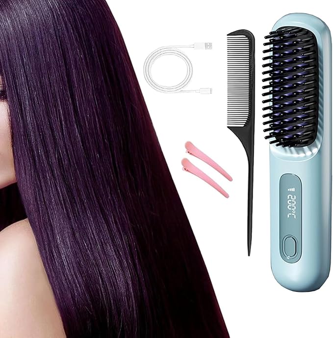 Cordless Hair Straightener Brush Portable Mini Hair Straightening Brush with 3 Temperature Settings &amp Led Display Usb Rechargeable(Blue)