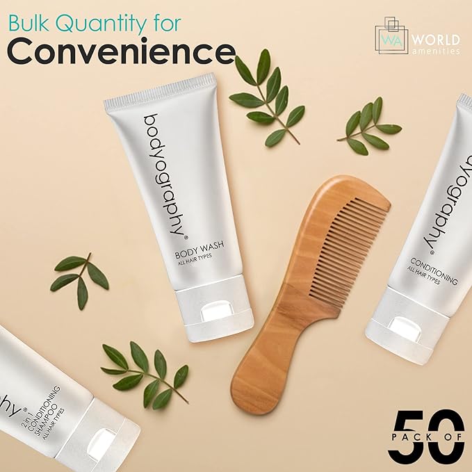 World Amenities - Bodyography blanc- Bulk Body Wash | 50 Count 1.4oz | Vanilla White Tea Mini Travel Size Toiletries (100% Recyclable Tube with Flip Top Cap) Hotel Amenities.