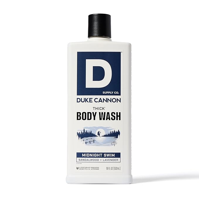 Duke Cannon Supply Co. Thick High Viscosity Body Wash - 3X Thicker Plant-Based Body Wash for Men with Lasting Scent - Mens Body Scrub - Sawtooth Midnight Swim &amp Bourbon (18oz)