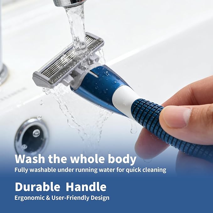 6-Blade Manual Razor for Men with Lubricating Strip 1 Ergonomic Non-Slip Handle Includes 8pack Razor Blade Refill Cartridges with Hanging Hook &amp Cleaning Brush Full Washable Design