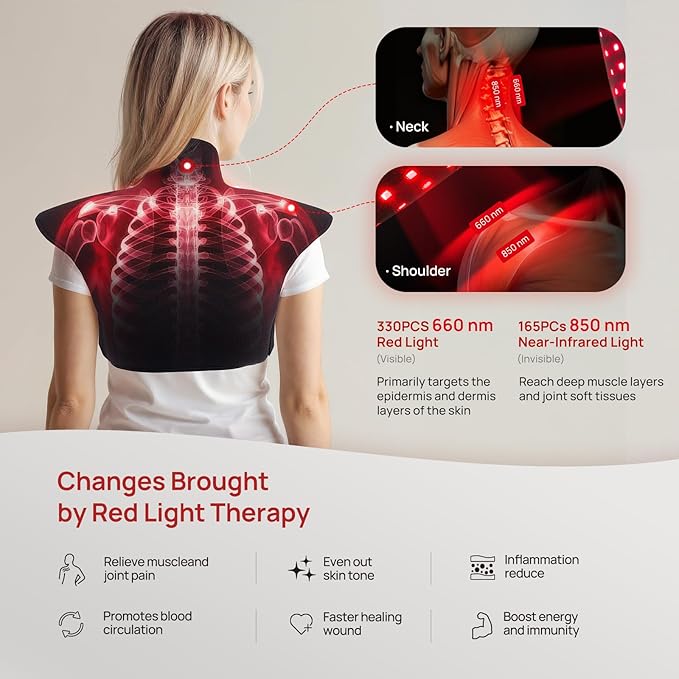 Red Light Therapy Pad for Neck Shoulder Back Pain Relief Infrared Light Therapy Heating Warp for Upper Back 165LEDs 3-in-1 Chip660nm&amp850nm(Black)