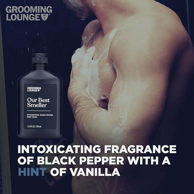 Grooming Lounge Our Best Smeller Body Wash - Moisturizing Clarifying Foaming Shower Scrub - Fresh Classic Suave Fragrance of Acai Aloe Vera Seaweed and Black Pepper - Dry Skin Defense - 11.5 oz