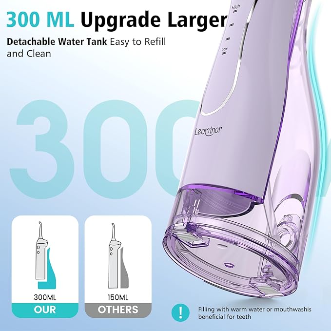 Leominor Water Dental Flosser Pick for Teeth 300ML Portable Oral Irrigator Upgraded Tank RemovableIPX7 Waterproof Rechargeable Travel Teeth Cleaner Professional Electric Flossing Machine(T-Purple)