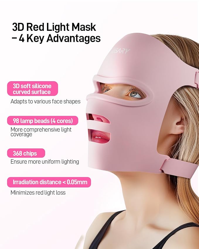 Red Light Mask Silicone Cordless Led Mask with 368 Chips 2000mAh Rechargeable 3 Modes &amp Timer Blue Light Infrared Face Mask Home Travel Working Pink