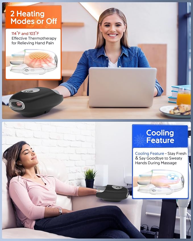 Hand Massager with Heat and Compression : Full Hand and Wrist Massage with Palm Kneading Rollers - Gifts for Arthritis Pain Relief Relaxation &amp Circulation - HSA or FSA Eligible