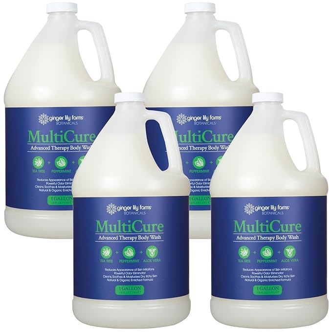 Ginger Lily Farms Botanicals MultiCure Advanced Therapy Body Wash with Tea Tree Oil Peppermint and Aloe Vera 100% Vegan &amp Cruelty-Free 1 Gallon (Pack of 4)