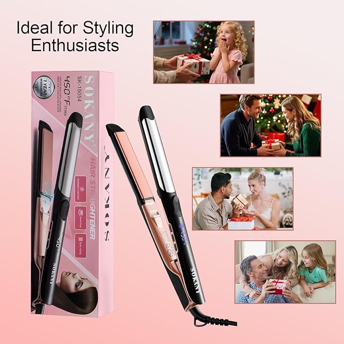 SOKANY Flat Iron Hair Straightener Titanium Curler 2 in 1 Dual Voltage Smart 3D Ceramic Floating Plates Ionic Straightener 8 Temps Settings Fast Heating &amp Heat Protection