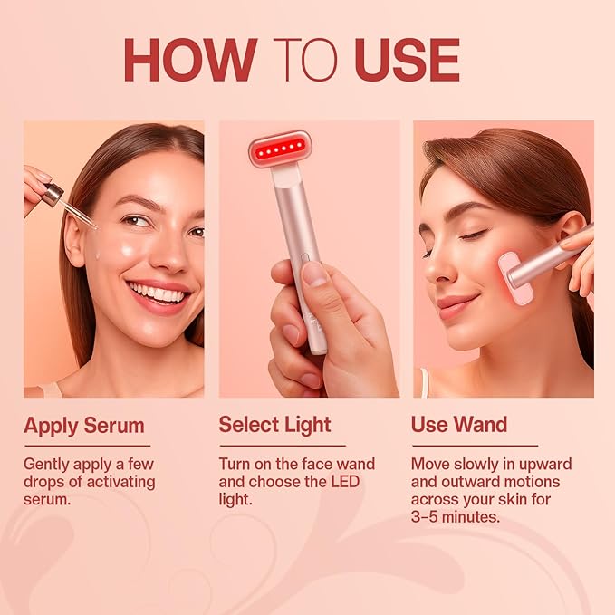 Face Massager 7 in 1 LED Red Light Wand for Face Neck &amp Eye – Rose Gold with Activating Serum | Portable Skincare Device Rechargeable Beauty Tool