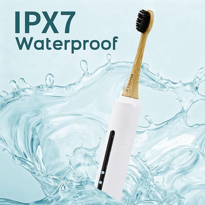 Bamboo Electric Toothbrush for Adults丨Rechargeable Electric Toothbrush with 3 Non Toxic Charcoal Infused Bamboo Brush Heads 5 Cleaning Modes 60 Days Battery Life IPX7 Waterproof-White