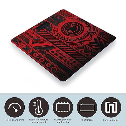 Black and Red Tribal Pattern Scale for Body Weight Anti-Slip Tempered Glass Digital Bathroom Scales Clear LCD Display Weighing Scale Safe Rounded Corners Smart Scales