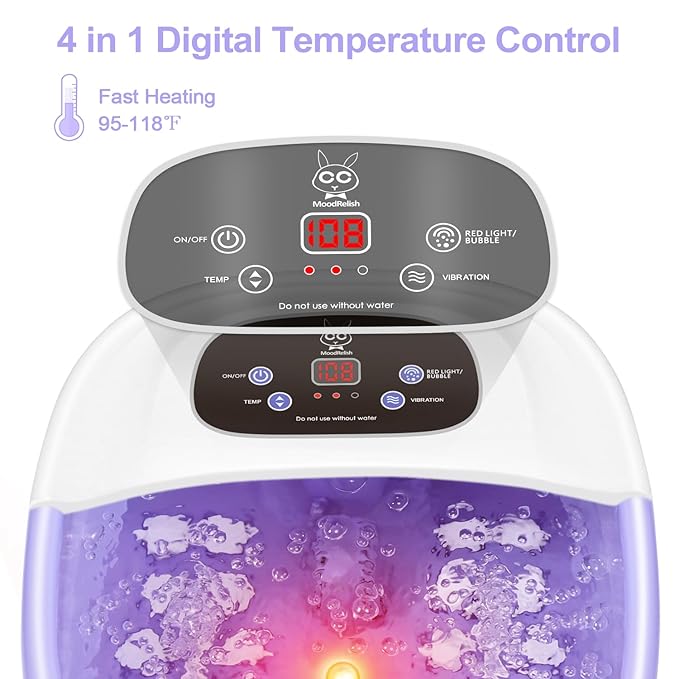 Foot Spa Bath Massager with Heat Bubbles and Vibration Massage and Jets 16 OZ Calming Lavender Foot Soak Epsom Salt MoodRelish Foot Soaker With Red Light 22 Massage Rollers Adjustable Temp -Purple