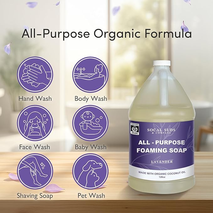 SoCal Suds &amp Company Organic Foaming Hand &amp Body Wash – Moisturizing Natural Baby Face &amp Sensitive Skin Wash Lavender 128oz + 8oz Sea Glass Foaming Glass Bottle w/Heart Silicone Sleeve