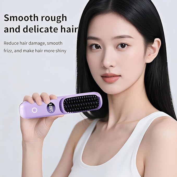 Go Brush Pro Portable Cordless Hair Straightener Brush for Travel Fast Heating Straightening Comb with LCD Display &amp °F/°C Switch Rechargeable Anti-Frizz Styling Tool for Smooth Shiny Hair (Purp